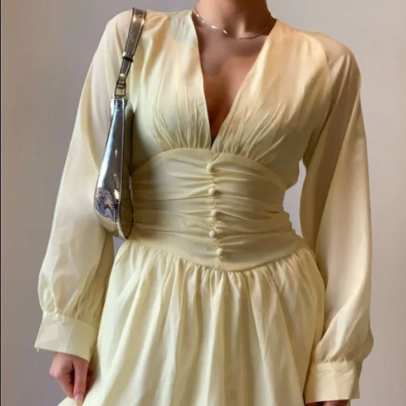 Cider Deep V Yellow Mini Dress - Picture 2 of 5